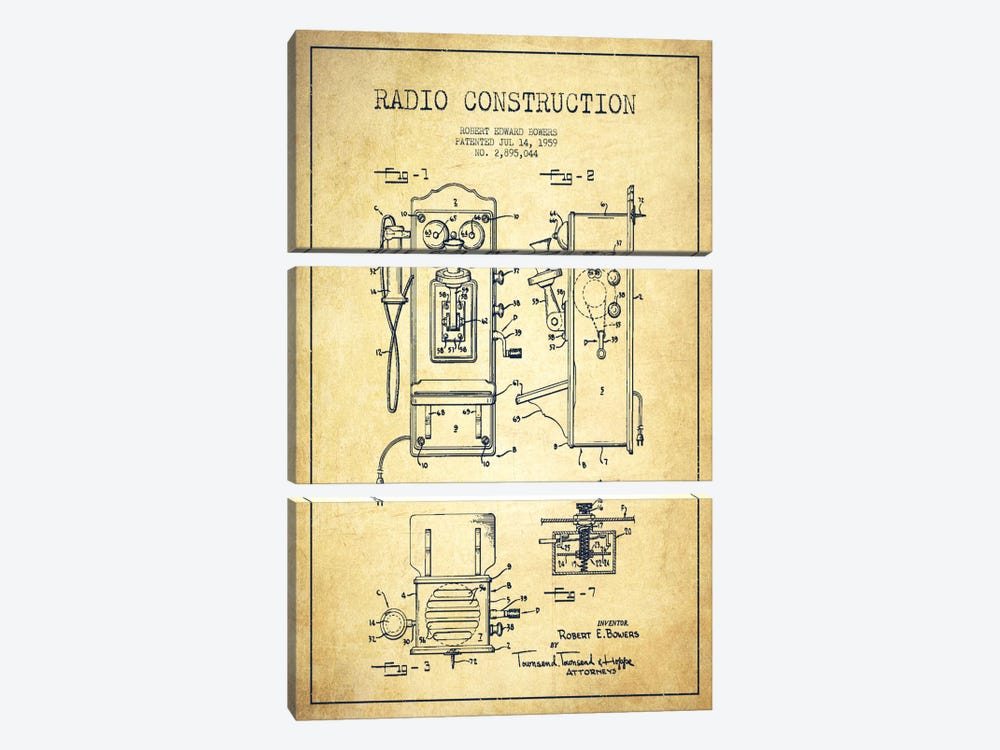 Bowers Radio Vintage Patent Blueprint by Aged Pixel 3-piece Canvas Art