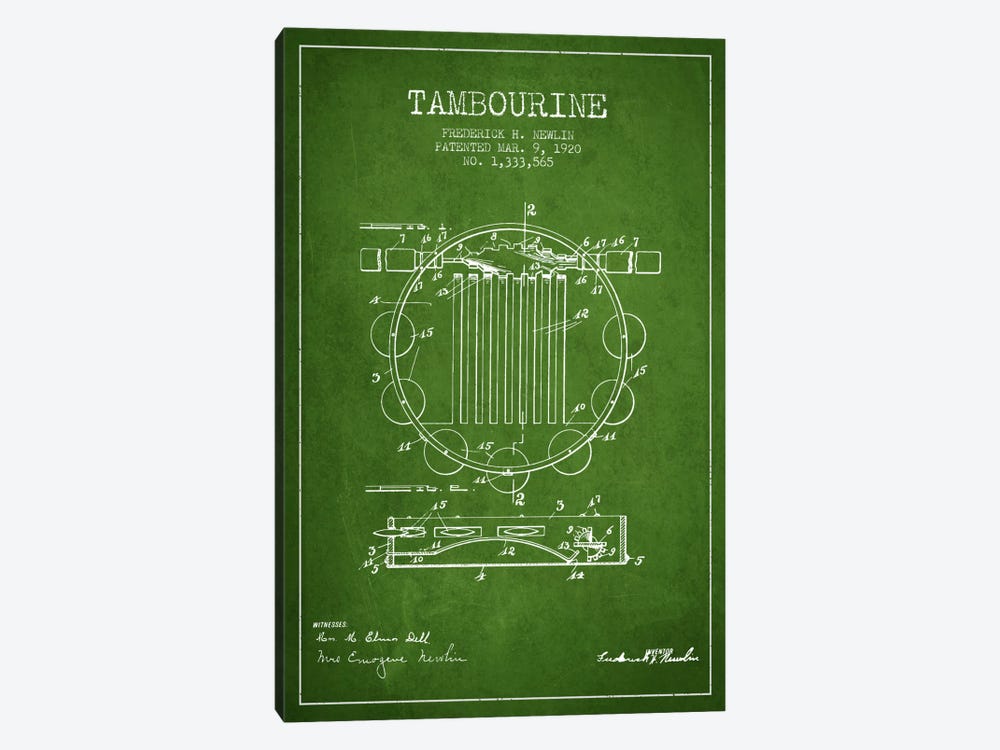 Tambourine Green Patent Blueprint by Aged Pixel 1-piece Canvas Print