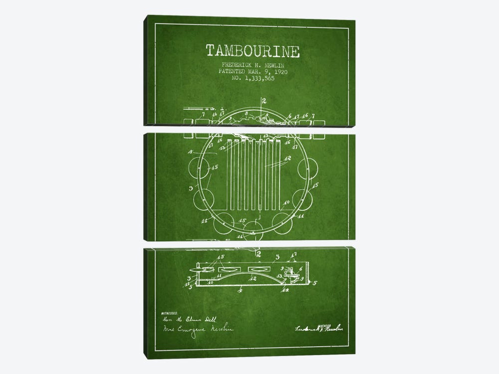 Tambourine Green Patent Blueprint by Aged Pixel 3-piece Art Print