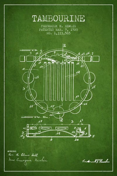 Music Blueprints: Tambourine Green Patent Blueprint by Aged Pixel