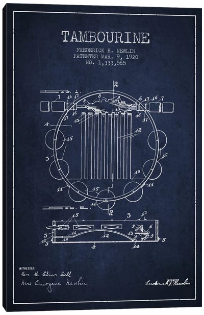 Tambourine Navy Blue Patent Blueprint Canvas Art Print - Aged Pixel: Music