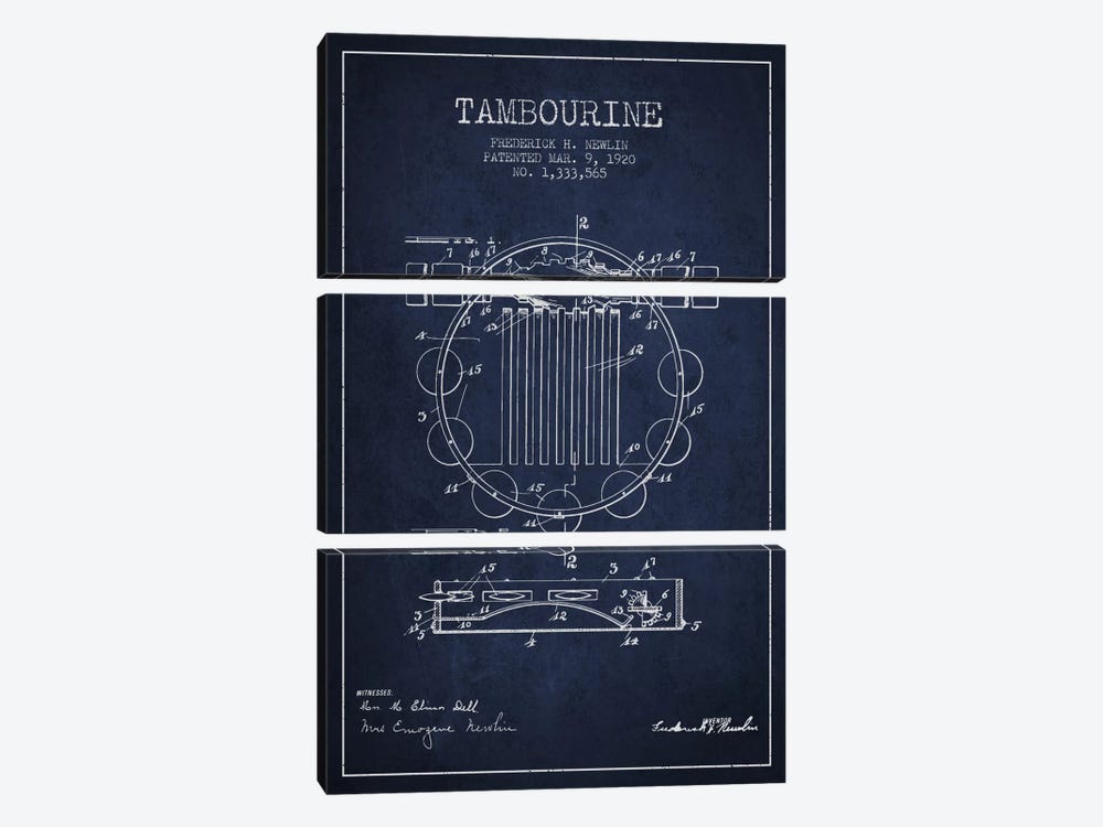 Tambourine Navy Blue Patent Blueprint by Aged Pixel 3-piece Canvas Art