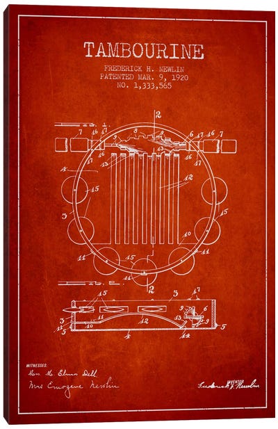 Tambourine Red Patent Blueprint Canvas Art Print - Aged Pixel: Music