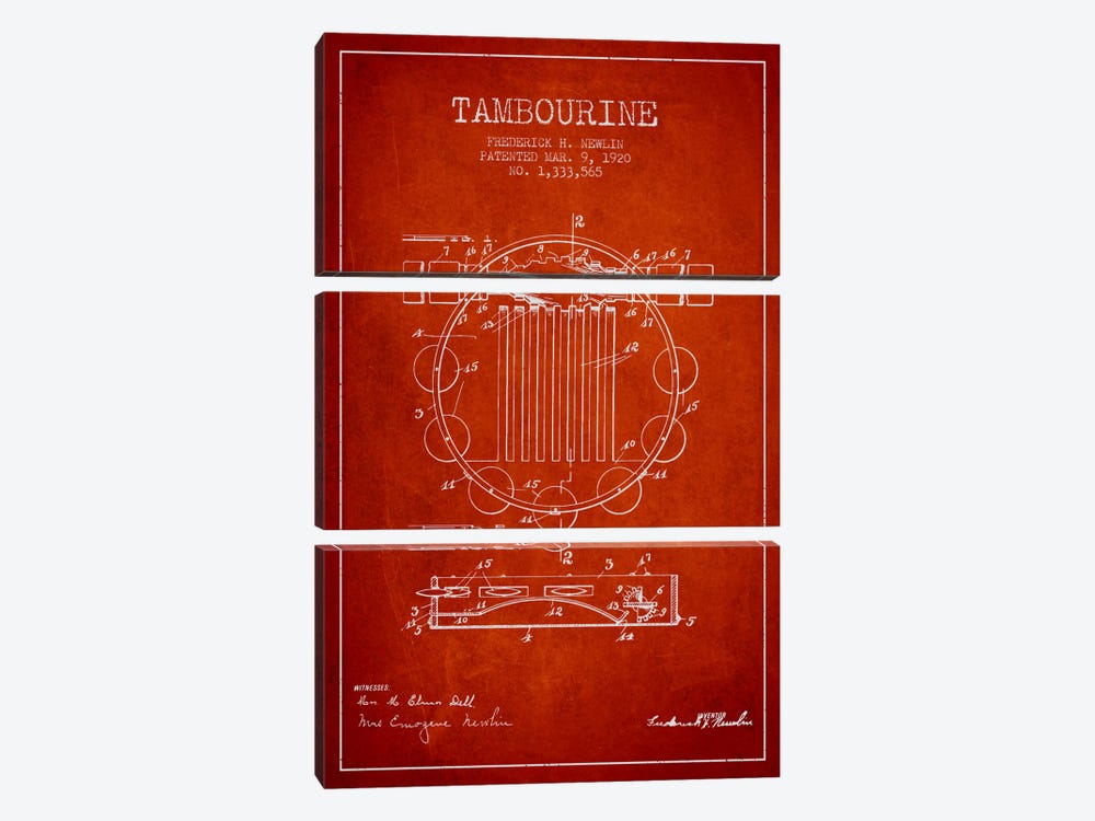 Tambourine Red Patent Blueprint by Aged Pixel 3-piece Canvas Print