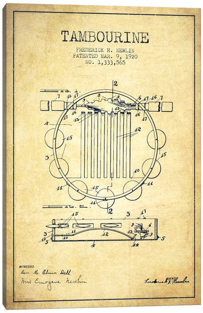 Tambourine Vintage Patent Blueprint Canvas Art Print - Aged Pixel: Music