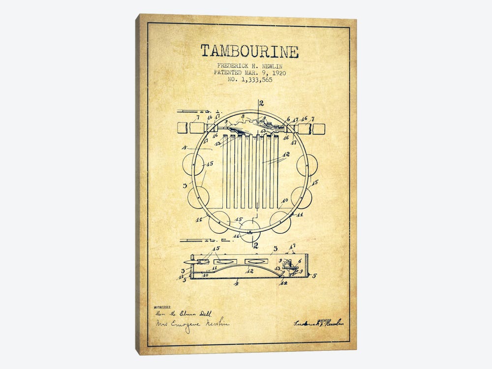 Tambourine Vintage Patent Blueprint by Aged Pixel 1-piece Canvas Art