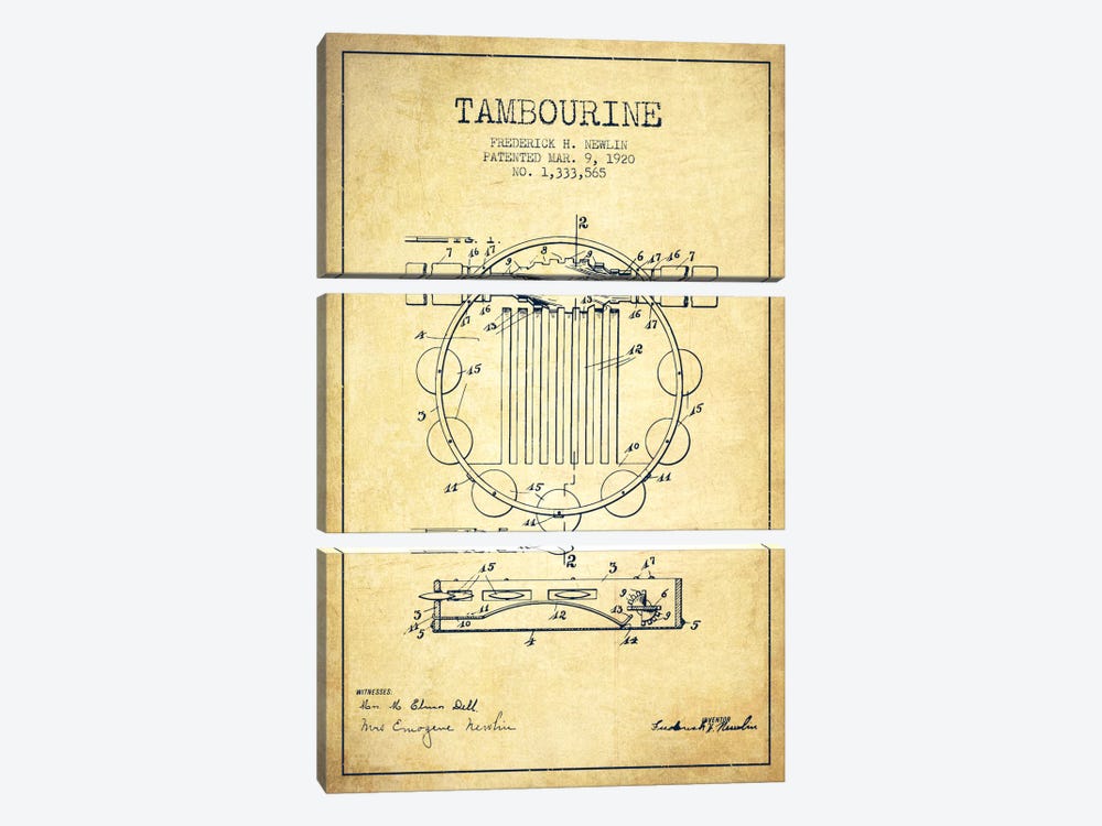 Tambourine Vintage Patent Blueprint by Aged Pixel 3-piece Canvas Artwork