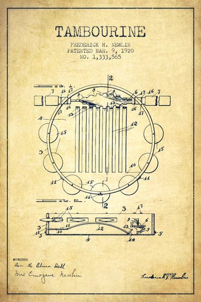 Music Blueprints: Tambourine Vintage Patent Blueprint by Aged Pixel