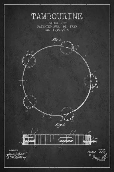 Tambourine Charcoal Patent Blueprint by Aged Pixel metal wall art