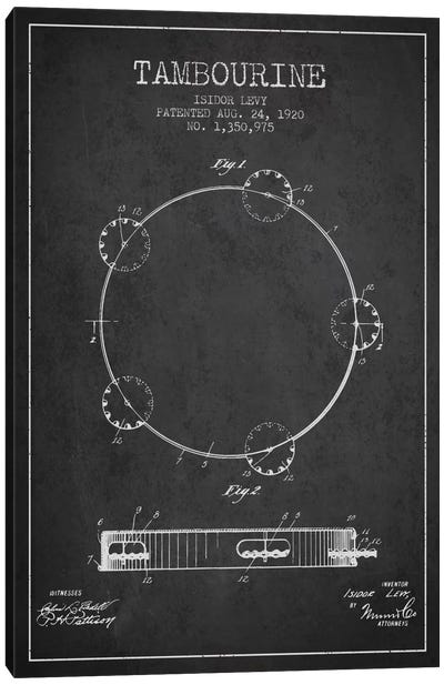 Tambourine Charcoal Patent Blueprint Canvas Art Print - Aged Pixel: Music