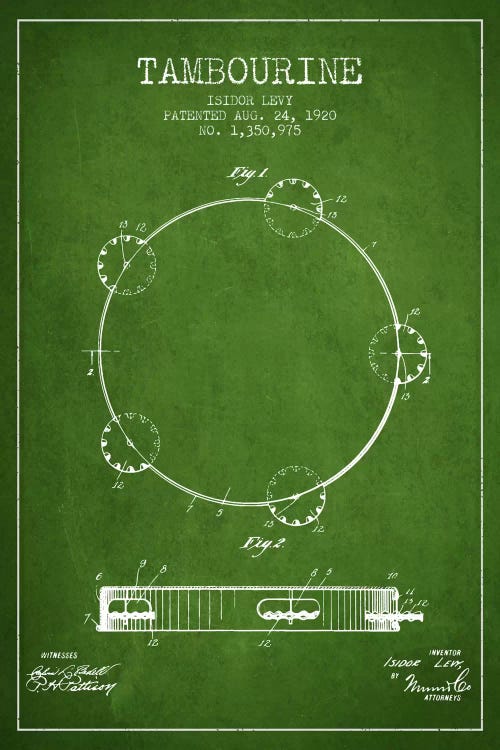 Tambourine Green Patent Blueprint by Aged Pixel wall art