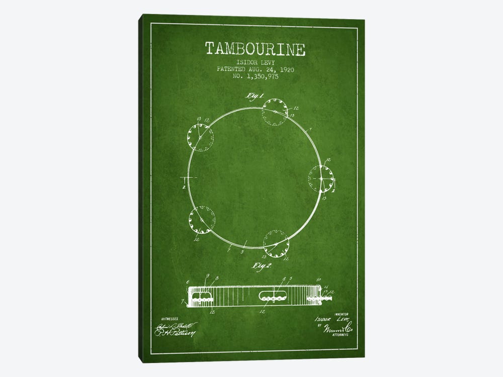 Tambourine Green Patent Blueprint by Aged Pixel 1-piece Canvas Artwork