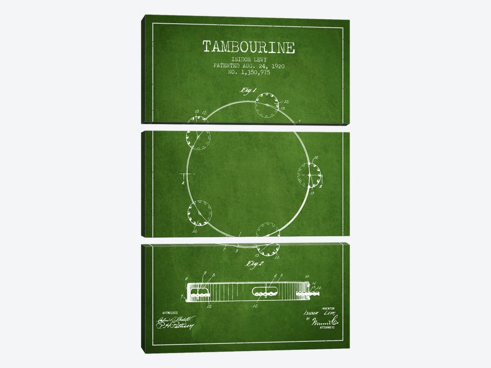Tambourine Green Patent Blueprint by Aged Pixel 3-piece Canvas Artwork