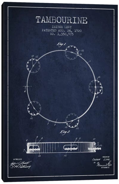 Tambourine Navy Blue Patent Blueprint Canvas Art Print - Aged Pixel: Music