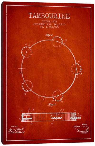 Tambourine Red Patent Blueprint Canvas Art Print - Music Art