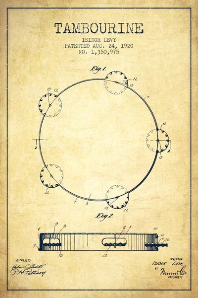 Tambourine Vintage Patent Blueprint by Aged Pixel metal wall art