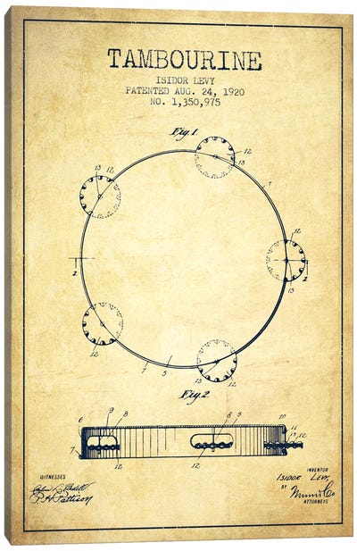 Tambourine Vintage Patent Blueprint Canvas Art Print - Aged Pixel: Music