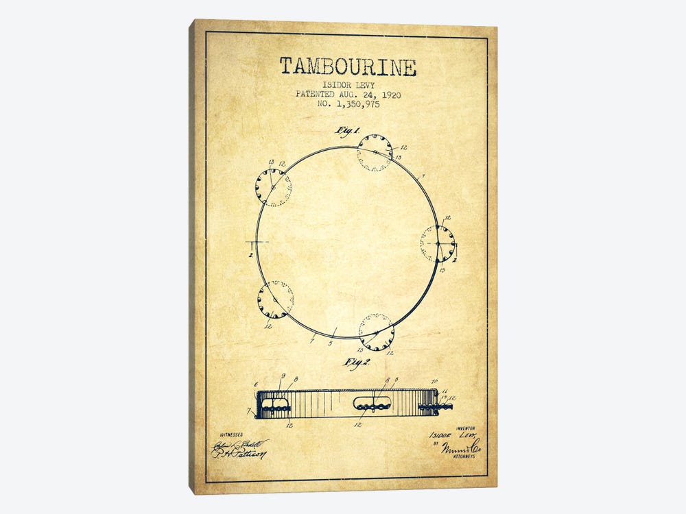 Tambourine Vintage Patent Blueprint 1-piece Canvas Print