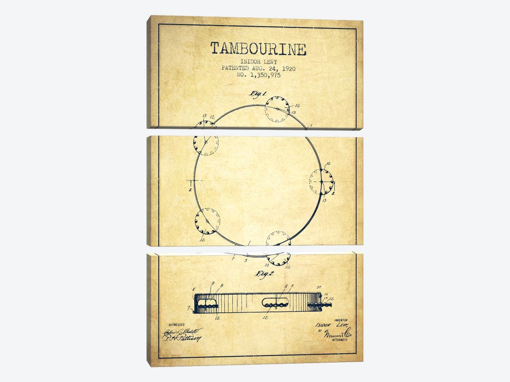 Tambourine Vintage Patent Blueprint by Aged Pixel 3-piece Canvas Print