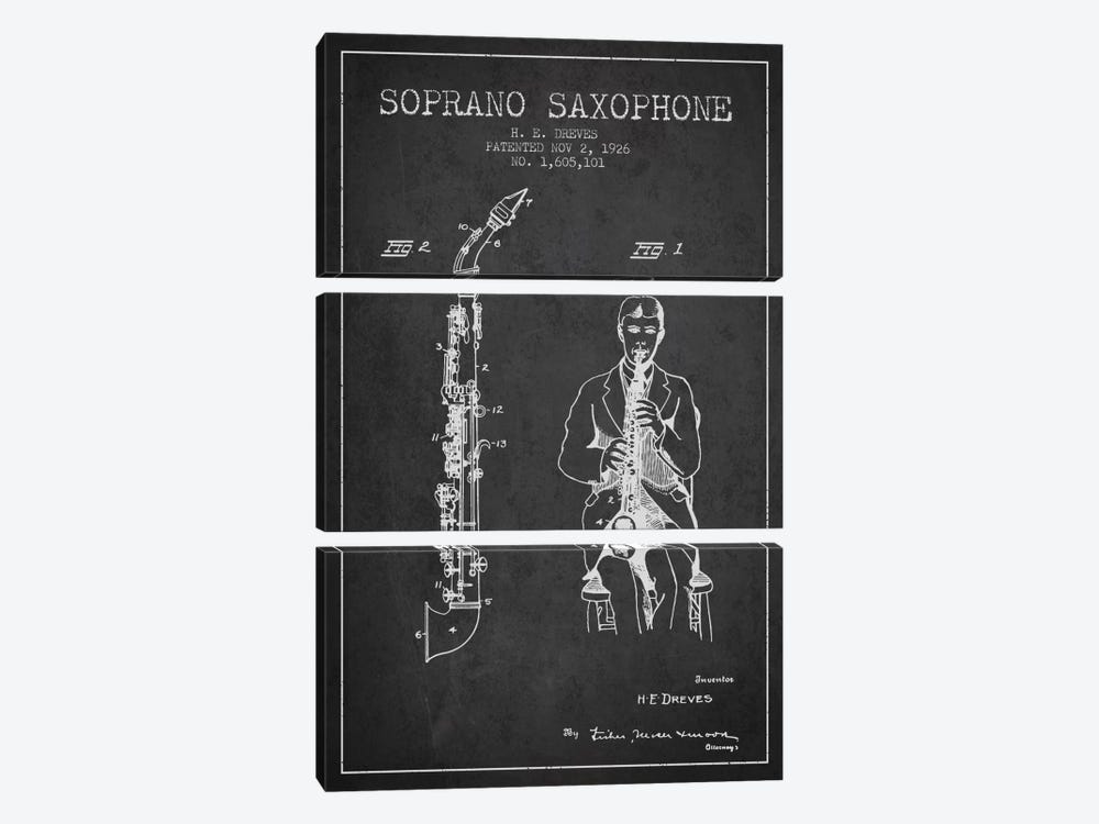 Soprano Sax Charcoal Patent Blueprint by Aged Pixel 3-piece Canvas Artwork