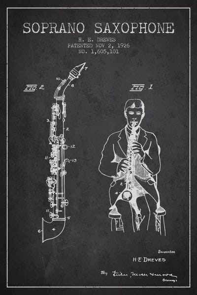 Saxophones: Soprano Sax Charcoal Patent Blueprint by Aged Pixel