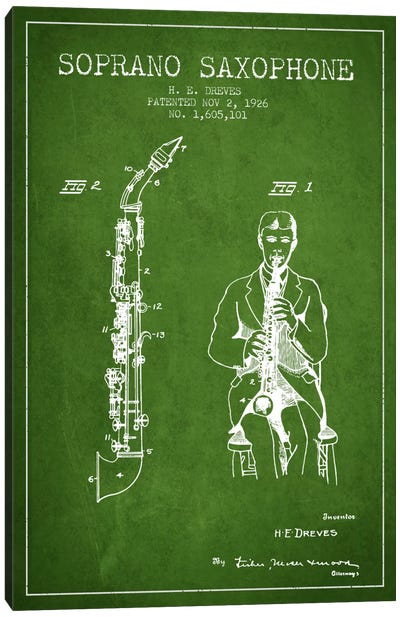 Soprano Sax Green Patent Blueprint Canvas Art Print