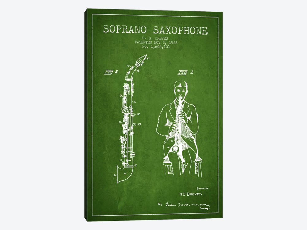 Soprano Sax Green Patent Blueprint by Aged Pixel 1-piece Canvas Wall Art
