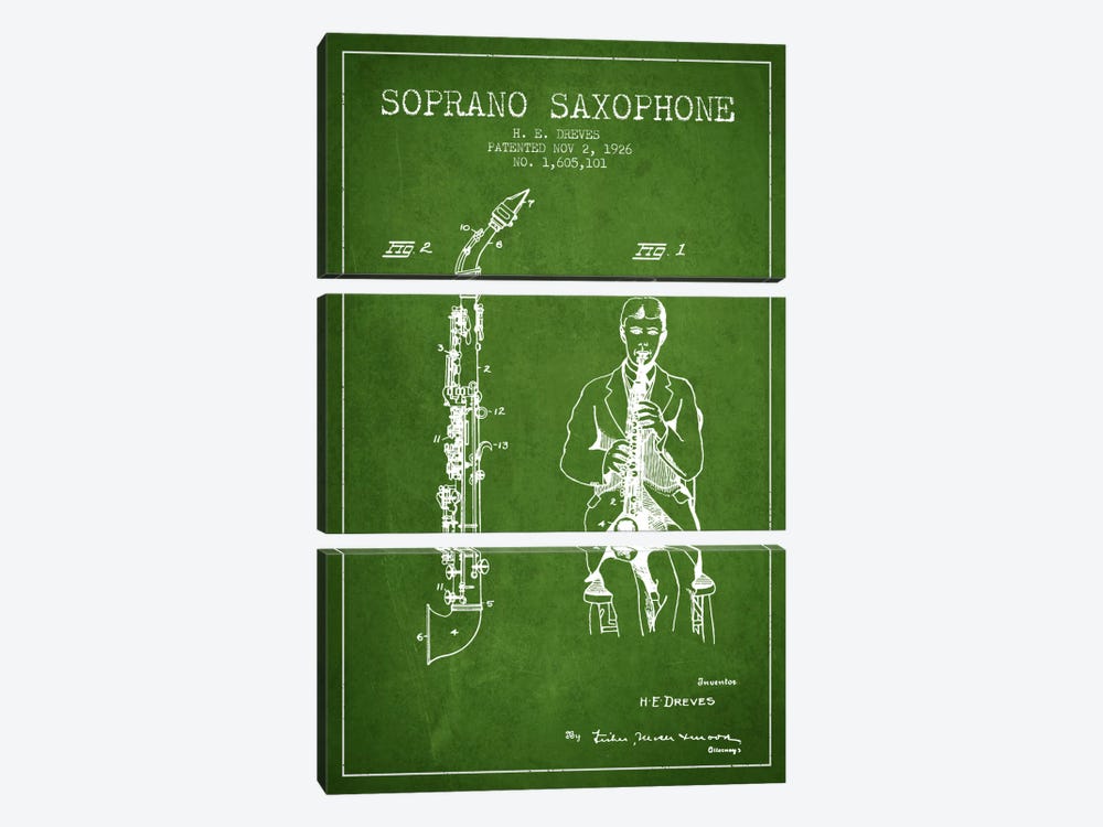 Soprano Sax Green Patent Blueprint by Aged Pixel 3-piece Canvas Art
