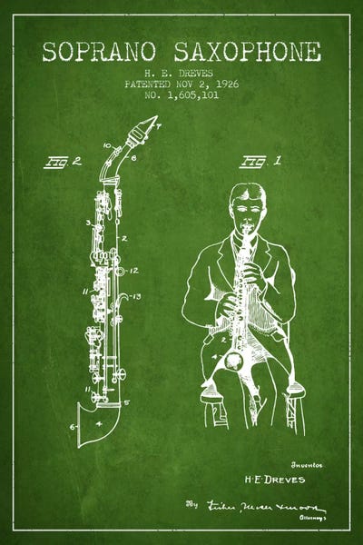 Music Blueprints: Soprano Sax Green Patent Blueprint by Aged Pixel