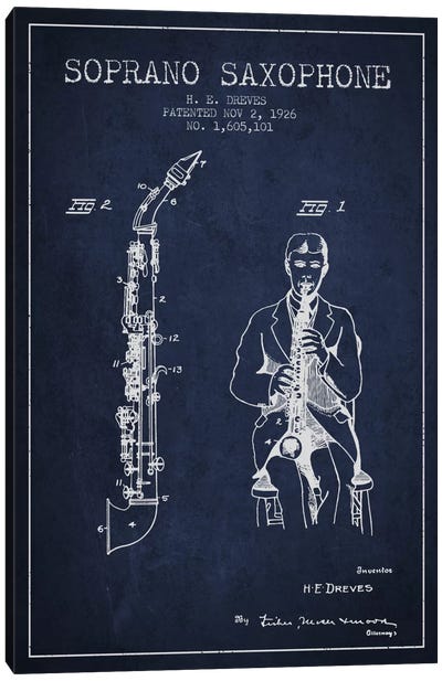 Soprano Sax Navy Blue Patent Blueprint Canvas Art Print - Aged Pixel: Music