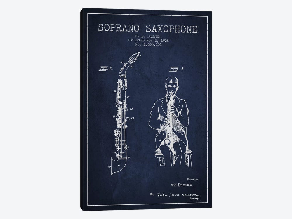 Soprano Sax Navy Blue Patent Blueprint by Aged Pixel 1-piece Art Print