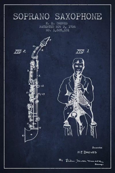 Saxophones: Soprano Sax Navy Blue Patent Blueprint by Aged Pixel