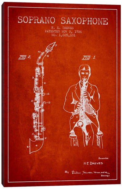 Soprano Sax Red Patent Blueprint Canvas Art Print - Musical Instrument Art