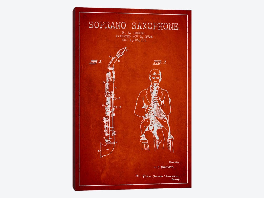 Soprano Sax Red Patent Blueprint by Aged Pixel 1-piece Canvas Art