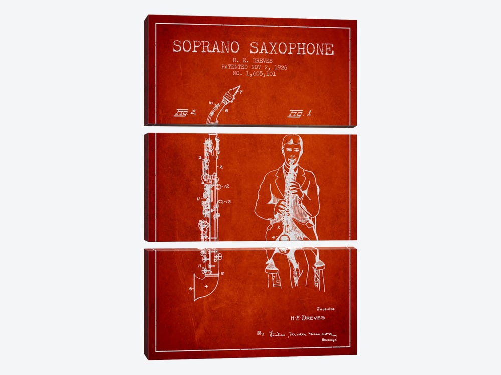 Soprano Sax Red Patent Blueprint by Aged Pixel 3-piece Canvas Artwork