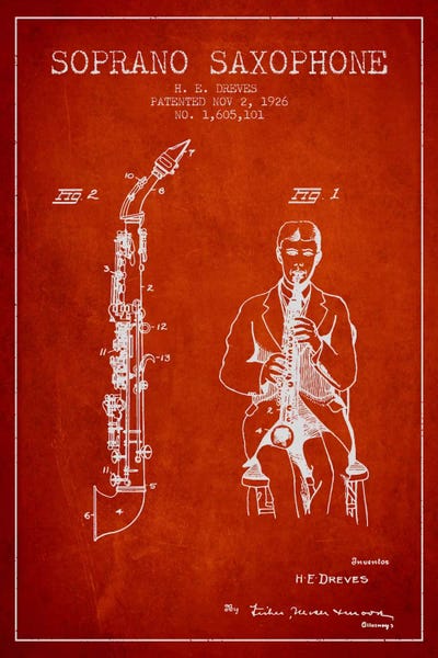 Saxophones: Soprano Sax Red Patent Blueprint by Aged Pixel