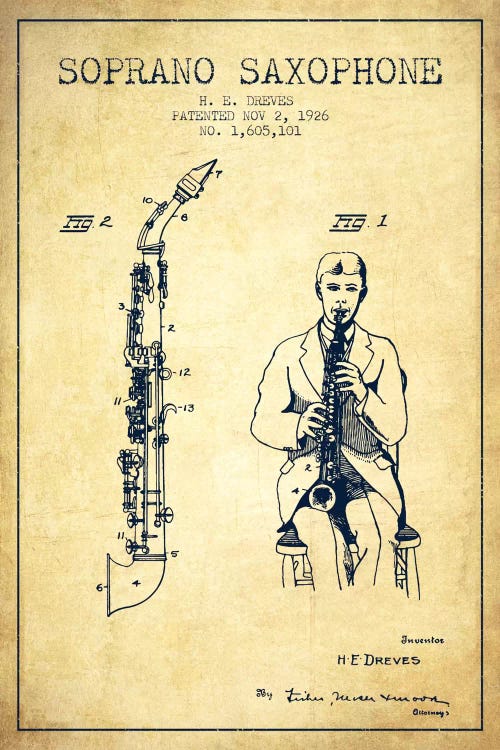 Soprano Sax Vintage Patent Blueprint by Aged Pixel wall art