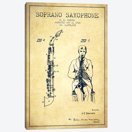 Soprano Sax Vintage Patent Blueprint Canvas Print #ADP1113} by Aged Pixel Canvas Wall Art