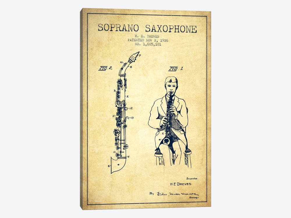 Soprano Sax Vintage Patent Blueprint by Aged Pixel 1-piece Canvas Print