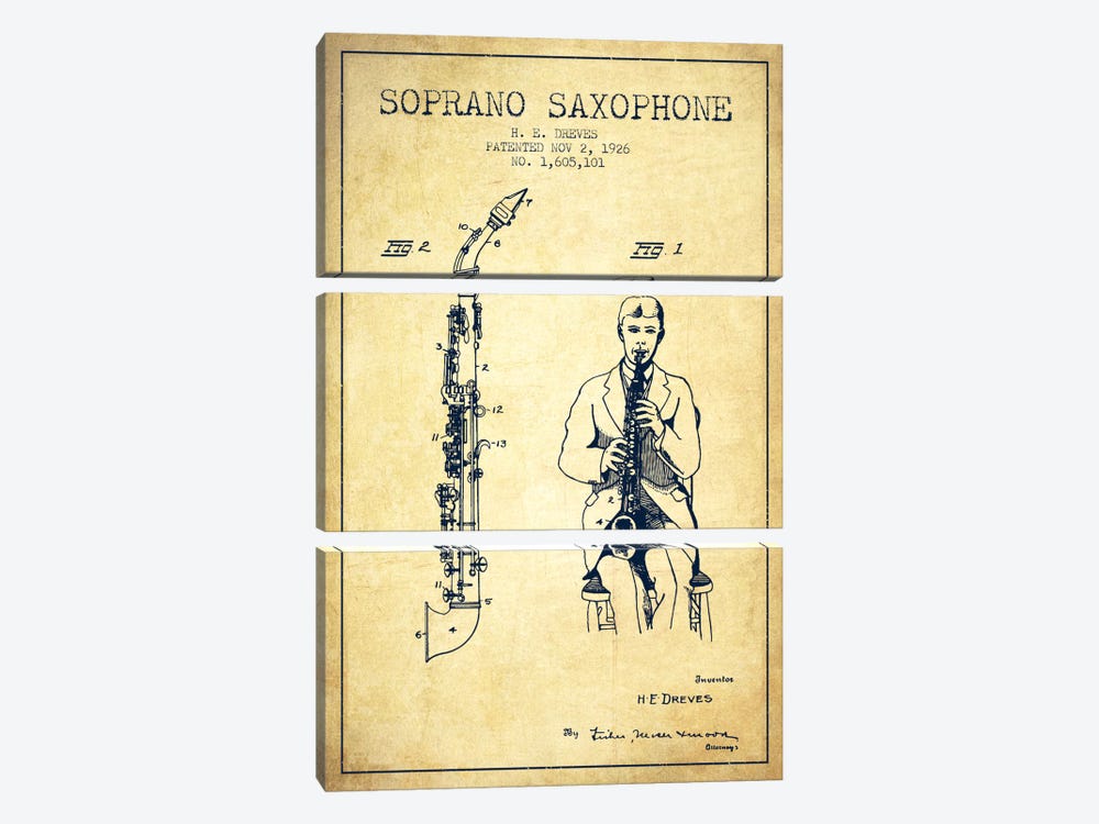Soprano Sax Vintage Patent Blueprint by Aged Pixel 3-piece Art Print