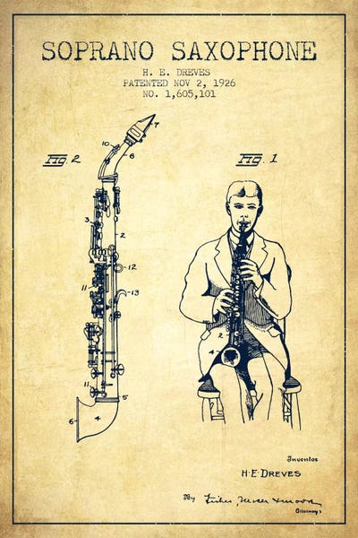 Saxophones: Soprano Sax Vintage Patent Blueprint by Aged Pixel