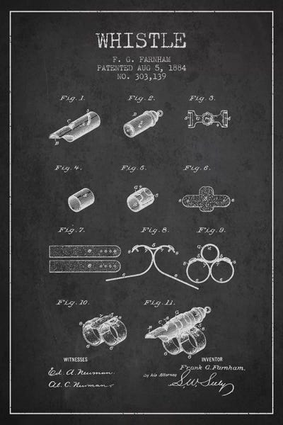 Whistle 1 Charcoal Patent Blueprint by Aged Pixel metal wall art