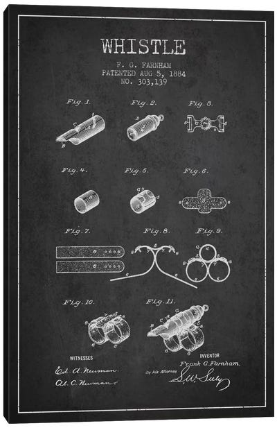 Whistle 1 Charcoal Patent Blueprint Canvas Art Print - Aged Pixel: Music