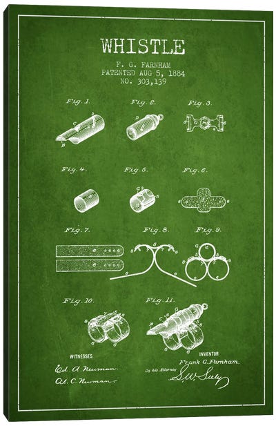 Whistle 1 Green Patent Blueprint Canvas Art Print - Aged Pixel: Music