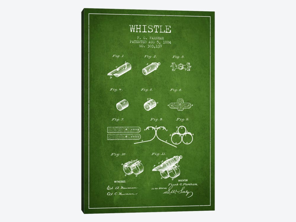 Whistle 1 Green Patent Blueprint by Aged Pixel 1-piece Canvas Art Print