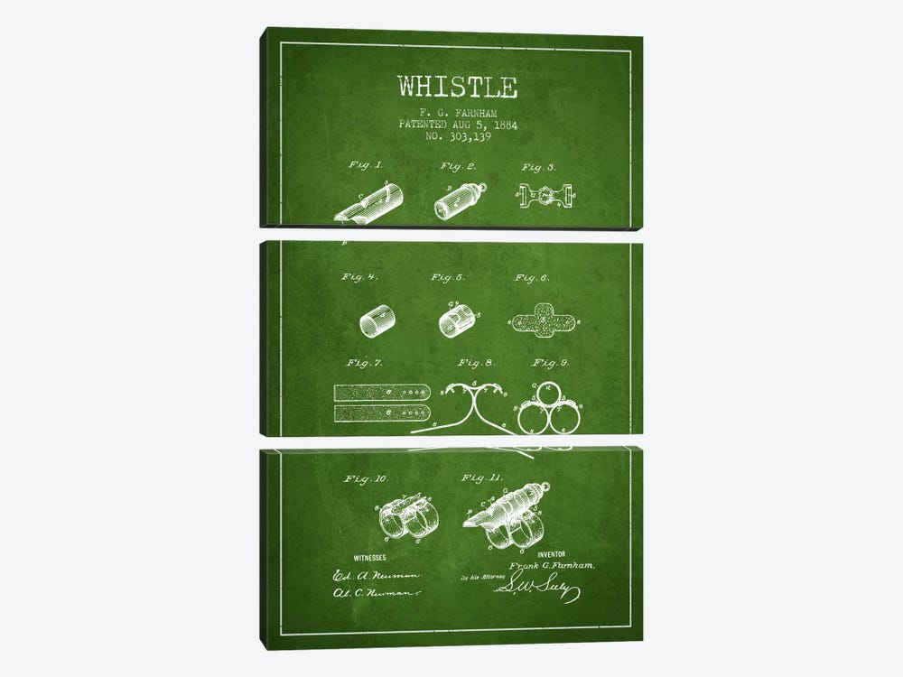 Whistle 1 Green Patent Blueprint by Aged Pixel 3-piece Canvas Print