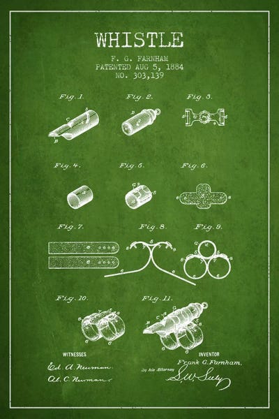 Music Blueprints: Whistle 1 Green Patent Blueprint by Aged Pixel