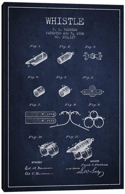 Whistle Navy Blue Patent Blueprint Canvas Art Print - Musical Instrument Art
