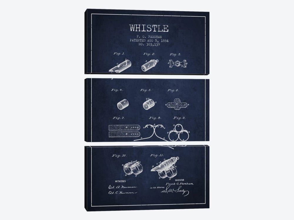 Whistle Navy Blue Patent Blueprint by Aged Pixel 3-piece Canvas Artwork