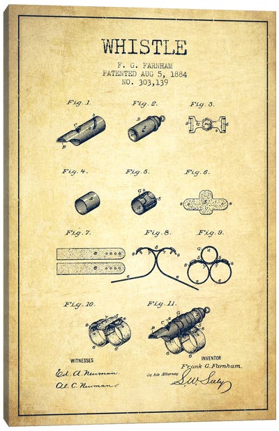 Whistle 1 Vintage Patent Blueprint Canvas Art Print - Music Blueprints